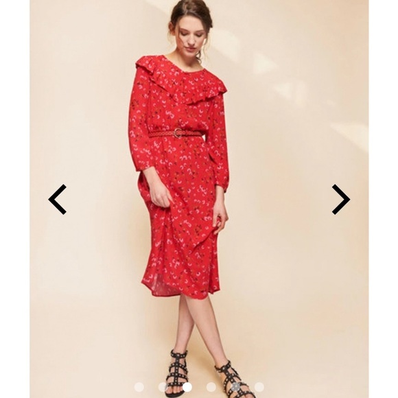 Tara Jarmon Red Midi Dress Women’s Long Sleeve Ruffled Button Front Floral 36 - Picture 1 of 10